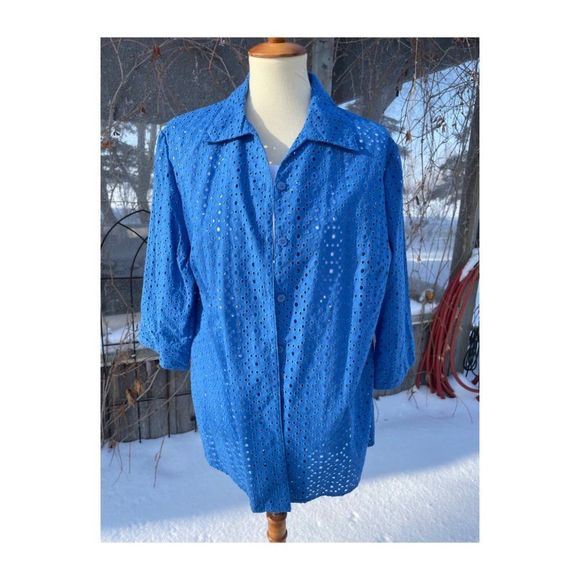 Vintage Jackets & Blazers - Vintage 90s Alia Blazer Shacket Blue Eyelet Lace Sheer 3/4 Sleeve Sz 16